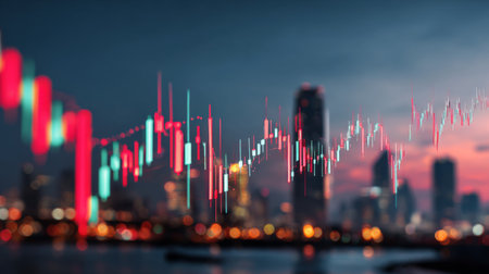 Captivating stock market trading graph illuminated by red and green hues, set against a bustling city skyline at dusk, representing finance and innovation.の素材