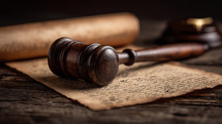 A classic wooden gavel symbolizes justice and legal authority, resting on aged parchment paper beside a rolled scroll. Ideal for legal-themed projects.の素材