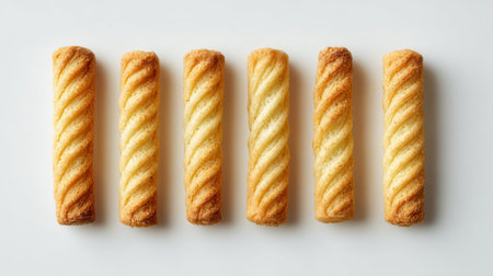 A visually appealing arrangement of golden twisted cookies, showcasing a crisp texture. Perfect for dessert concepts, snack ideas, or gourmet presentations.の素材