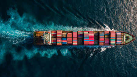 An aerial view captures a vibrant container ship sailing across sparkling ocean waters, showcasing an array of colorful cargo boxes and trailing wake patterns.の素材