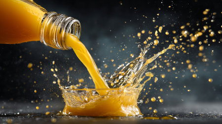 Capturing the essence of freshness, this image shows orange juice being poured from a bottle, creating a beautiful splash effect that evokes vitality and refreshment.の素材