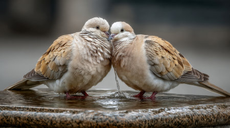Two doves share a tender moment by a fountain, drinking water together in a tranquil outdoor setting, showcasing affection and the beauty of nature.の素材