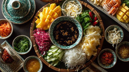 This vibrant spread showcases the essence of Vietnamese cuisine with fresh ingredients, rich sauces, and colorful garnishes displayed in handcrafted pottery.の素材