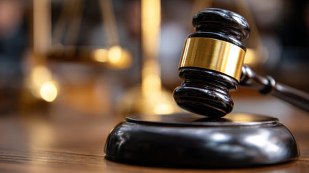 A close-up image of a gavel on a wooden desk, with scales of justice blurred in the background, representing themes of law, fairness, and the judicial system.の素材