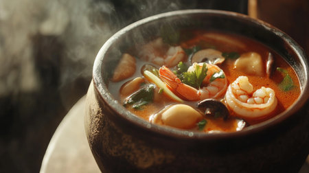 A steaming bowl of flavorful seafood soup filled with shrimp and herbs, perfect for a comforting meal. This rustic presentation highlights fresh ingredients and aromatic spices.の素材