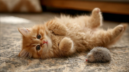 A charming fluffy orange kitten lies playfully on a cozy carpet near a small toy hedgehog, basking in warm sunlight. This adorable scene captures pure joy and innocence.の素材