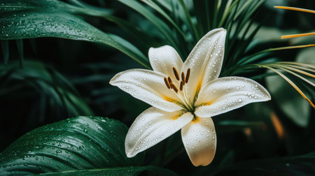 A stunning closeup of a white lily flower adorned with water droplets, surrounded by lush green foliage. Perfect for nature and floral themes.の素材