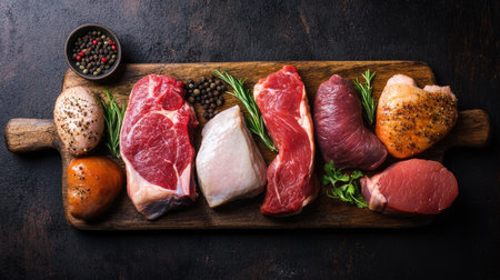 A vibrant assortment of fresh meats displayed on a wooden board, showcasing various cuts like beef, pork, and chicken, garnished with herbs and spices.の素材