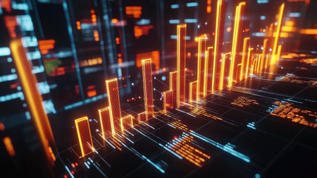 Vibrant digital data visualization showcasing bar graphs and lines, illustrating statistics and trends in a technological backdrop for analytical insights.の素材