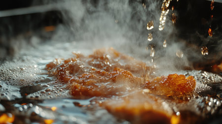 A close-up view of sizzling food frying in hot oil, with steam and bubbles rising, creating an enticing and flavorful scene in the kitchen.の素材