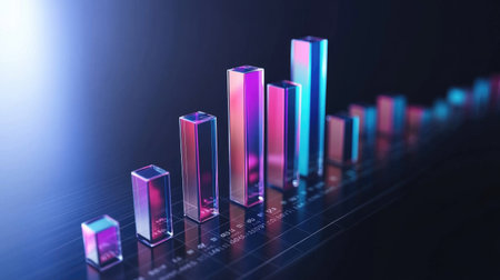 Stunning 3D bar graph in vibrant colors against a dark backdrop, showcasing data analysis, trends, and financial growth in a visually appealing way.の素材