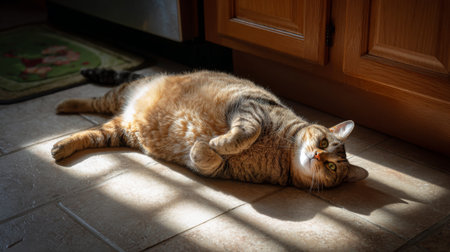 A fluffy tabby cat lies comfortably on the kitchen floor, basking in the warm sunlight. Soft shadows create a cozy atmosphere, highlighting the cat's playful demeanor.の素材