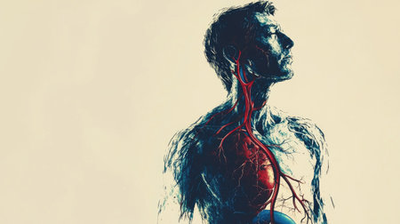 A striking illustration of human anatomy showcasing the circulatory system in a bold and artistic style. Ideal for educational and medical projects.の素材