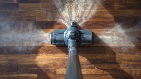 A dynamic view of a cordless vacuum cleaner effectively removing dust from a hardwood floor. Ideal for showcasing cleaning technology and home maintenance.の素材