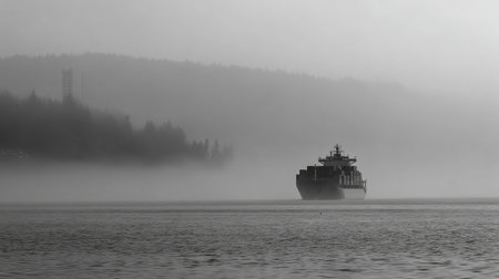 A striking black and white image showcasing a cargo ship sailing through a fog-blanketed sea, surrounded by serene forested hills, evoking a sense of calm and solitude.の素材