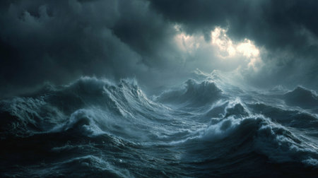 A breathtaking view of tumultuous ocean waves beneath dark thunderclouds, with rays of light piercing through, capturing the raw energy and beauty of nature's powerful force.の素材
