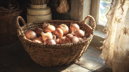 A rustic wicker basket brimming with fresh brown onions creates a warm and inviting atmosphere in a sunlit kitchen, showcasing the beauty of natural food arrangements.の素材