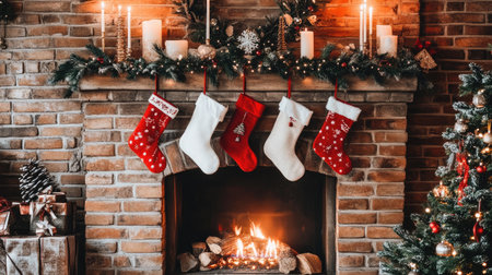 A warm and inviting Christmas scene featuring a decorated fireplace with stockings, candles, and a beautifully lit tree, capturing holiday cheer.の素材