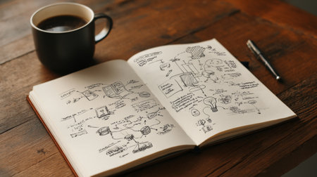 A creative workspace featuring an open notebook filled with hand-drawn sketches and notes, paired with a steaming cup of coffee on a rustic wooden table.の素材