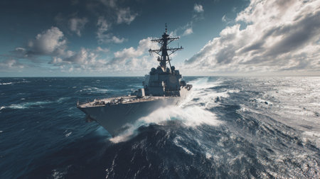 A powerful naval destroyer navigates through dynamic ocean waves under a dramatic cloudy sky, embodying strength and engineering prowess in maritime operations.の素材