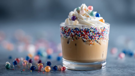This charming dessert showcases a delightful whipped cream topping with colorful sprinkles, complemented by edible candies scattered around, enhancing the visual appeal.の素材