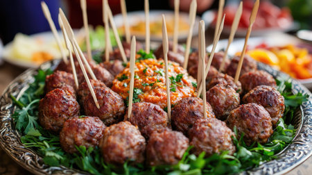A beautifully arranged platter of savory meatballs garnished with fresh herbs and accompanied by a vibrant dip, perfect for gatherings or celebrations.の素材