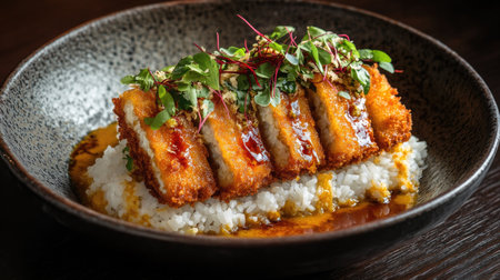 A beautifully plated crispy breaded dish atop fluffy rice, drizzled with savory sauce and garnished with fresh herbs, perfect for any meal occasion.の素材