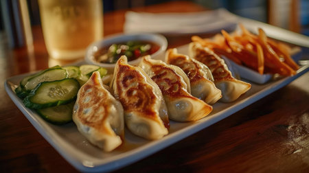A tempting display of dumplings served with cucumber slices, sweet potato fries, and a flavorful dipping sauce, perfect for any meal occasion.の素材