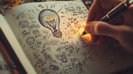 Hand holding a pen over a notebook filled with sketches and notes. A light bulb illustration represents ideas and creativity, showcasing artistic inspiration.の素材