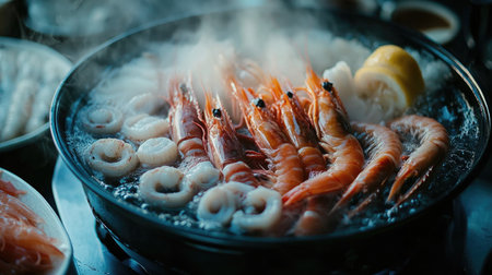 A sizzling seafood platter featuring fresh shrimp and scallops, beautifully presented and served steaming. Perfect for seafood enthusiasts.の素材