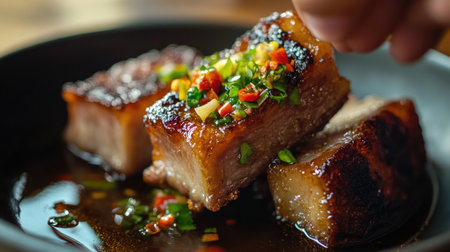 A closeup view of savory pork belly garnished with fresh herbs and spicy peppers, served in a sleek bowl, highlighting culinary artistry and flavor.の素材