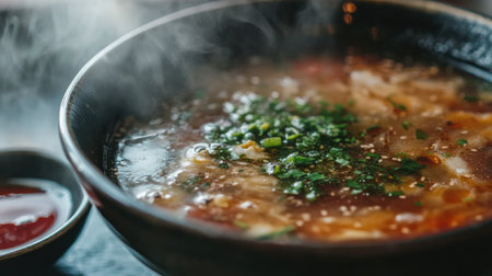 A steaming bowl of delicious soup filled with fresh ingredients and herbs, perfect for a comforting meal or a flavorful culinary experience.の素材