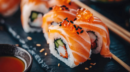 Delight in these fresh sushi rolls featuring salmon, avocado, and delicate toppings. Perfect for a gourmet dining experience or a casual meal.の素材