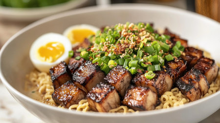 Savor a delicious bowl of ramen topped with grilled pork, soft eggs, and fresh green onions. Perfect for a comforting meal any time of day.の素材