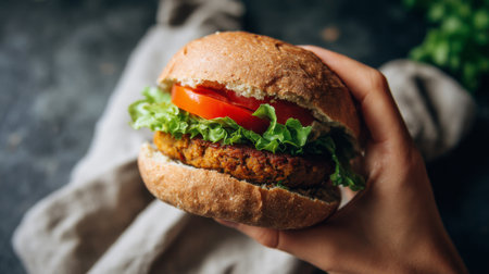 This image features a hand holding a delicious plant-based burger, layered with fresh lettuce and tomato, set against a dark background, evoking a healthy lifestyle.の素材