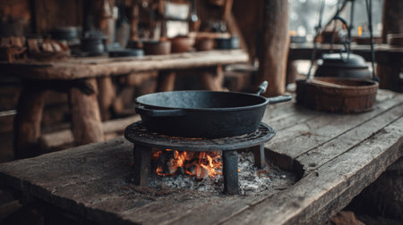 A rustic kitchen scene features a cast iron pan set over an open fire, surrounded by warm wood tables. This cozy atmosphere invites one to enjoy the art of cooking.の素材