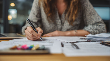 A focused individual writes on a document using a pen in a modern office setting, surrounded by papers, stationery, and vibrant colors, reflecting a creative atmosphere.の素材