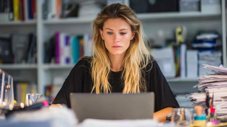 A young woman is deeply focused on her laptop screen in a stylish office surrounded by stacks of paperwork. The atmosphere highlights a modern workspace that fosters productivity.の素材