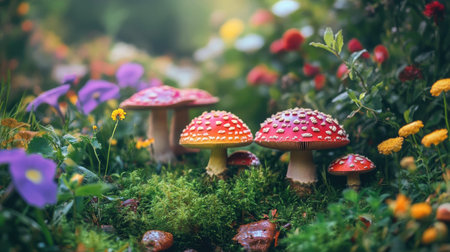 A close-up view of vibrant red mushrooms nestled in a lush garden filled with colorful flowers, showcasing the beauty of nature and tranquility.の素材