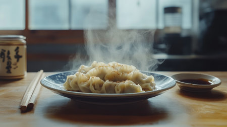 Enjoy a mouth-watering view of steaming dumplings served on a plate, accompanied by soy sauce, perfect for food lovers and culinary enthusiasts.の素材