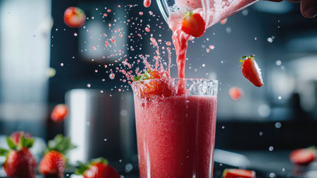 A vibrant image showcasing a strawberry smoothie being poured into a glass, capturing the dynamic motion of the splash and the freshness of fruit. Perfect for health and culinary themes.の素材