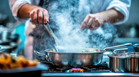 A chef skillfully prepares a meal in a bustling kitchen, with steam rising from a metal pan, showcasing the art of cooking and culinary expertise.の素材