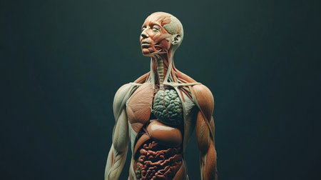 A detailed 3D model of human anatomy showcasing muscles and organs, perfect for educational purposes, medical illustrations, and anatomy study.の素材