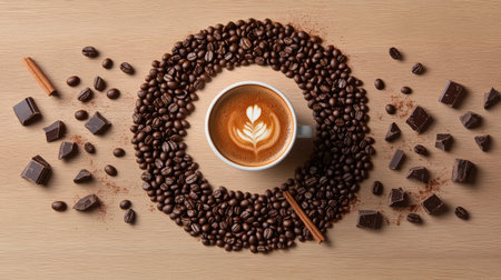 A stunning coffee cup sits in a ring of coffee beans and chocolate pieces, creating a warm, inviting atmosphere perfect for cozy moments.の素材
