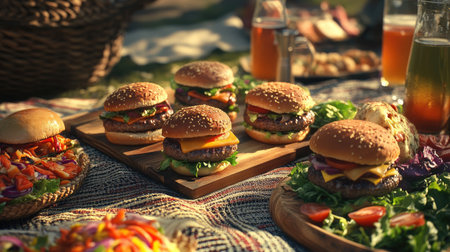 A vibrant picnic scene featuring freshly prepared burgers, colorful salads, and refreshing drinks, perfect for outdoor gatherings and summer fun.の素材