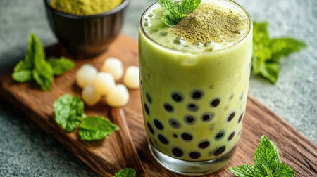 Refresh your day with this delicious green tea drink featuring tapioca pearls, fresh mint, and a touch of sweetness. Perfect for a warm day!の素材