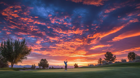 A golfer strikes a pose against a stunning sunset backdrop, showcasing the beauty of nature and leisure in sports. Ideal for lifestyle themes.の素材