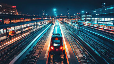 A vibrant nighttime scene of a train station, showcasing illuminated tracks and dynamic motion. The urban landscape reflects energy and modern transport.の素材