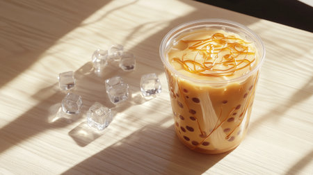 A delicious cup of caramel iced coffee adorned with ice cubes, perfect for a refreshing drink. Ideal for summer mornings or cozy brunches.の素材
