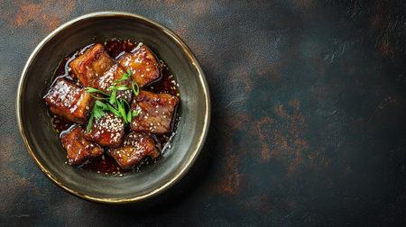 A beautifully styled bowl of glazed pork belly, garnished with green onions and sesame in a rich sauce, perfect for culinary delight and presentation.の素材